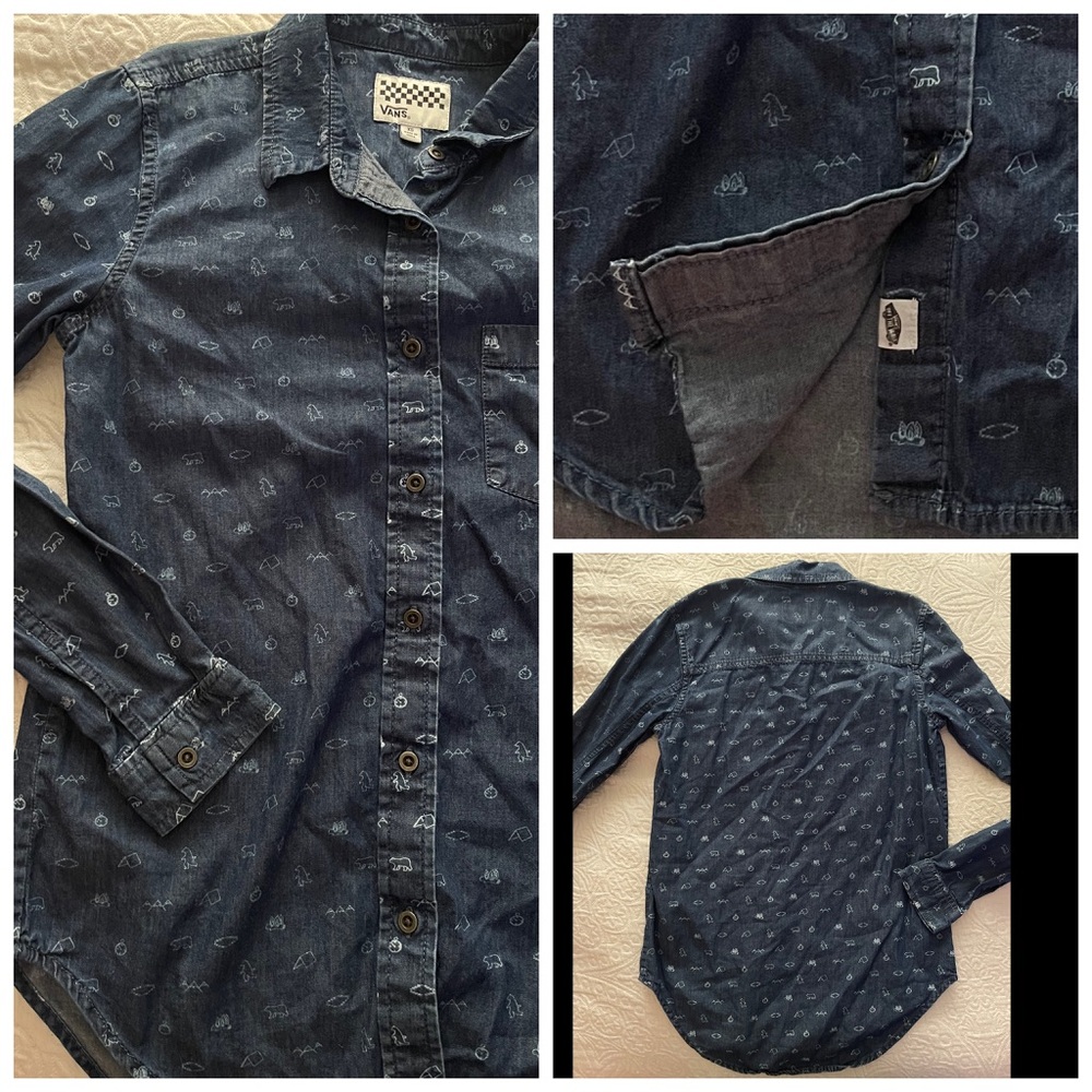 VANS OFF THE WALL BEARS TENT CAMPING BLUE GRAPHIC BUTTON UP POCKET SHIRT.